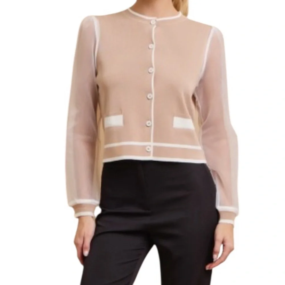 Rivir Organza Bloom Knit Cardigan w Balloon Sleeve in Tan/White - Picture 2 of 4